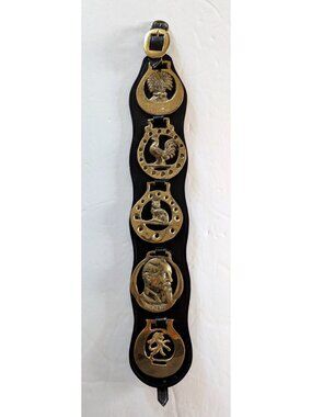 Vintage English Horse Brasses On Leather Strap Wall Hanging Rustic Home Decor
